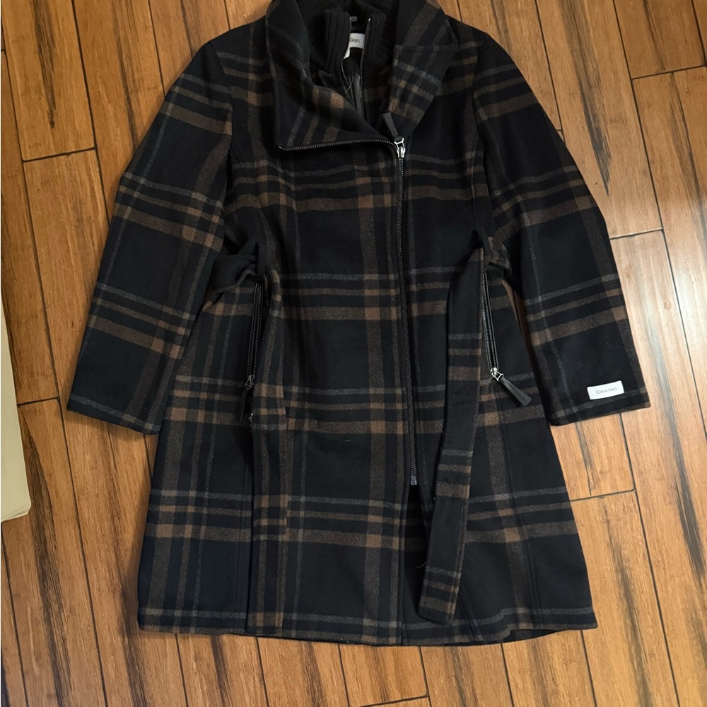 Calvin Klein Black & Brown Plaid Belted Trench Coat